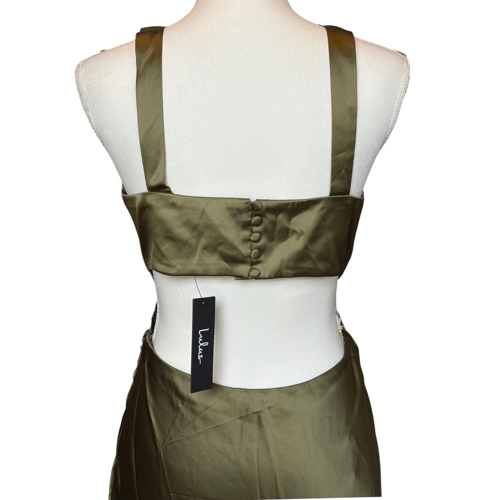 Lulus Olive Satin Plunge Midi Dress Medium NWT Wedding Guest Formal Size M - Picture 5 of 7